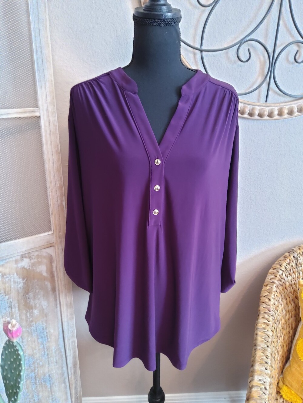 Women's Purple Split-Neck Button Blouse